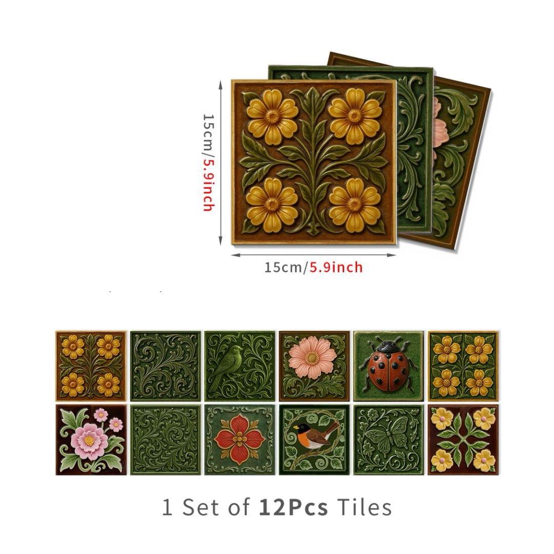 12 Sheets Tile Sticker Waterproof Peel and Stick Backsplash 5.9" x 5.9" Green Flower Wall Stickers Self-Adhesive DIY Decor Decals