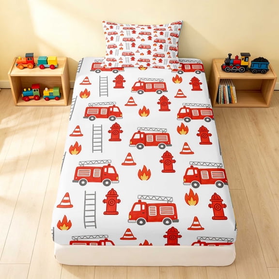 Erosebridal Fire Truck Twin Fitted Sheet, Fire Engine Bedding, White Red 2pcs 1 Fitted Sheet and 1 Pillowcase