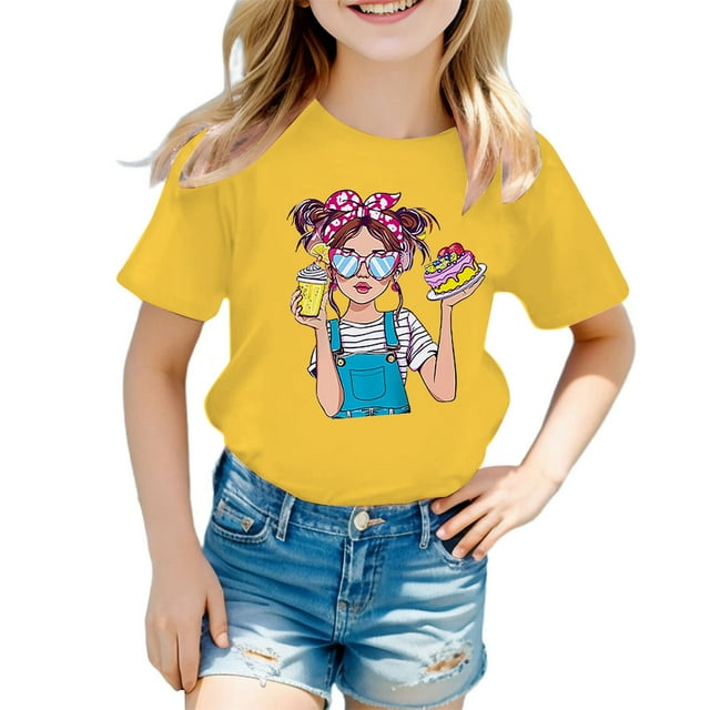 GDREDA Vêtements Fille Enfant Filles Mignon Graphique Col Rond Manches Courtes Tee Été Décontracté T-Shirt Hauts pour Fille Tendance Jaune, 3-4 Ans