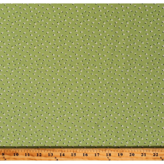 Cotton Tiny Small Scale Floral Bee Dots Lillian Lettuce White Flowers on Green Cotton Fabric Print by the Yard (C14169-LETTUCE)
