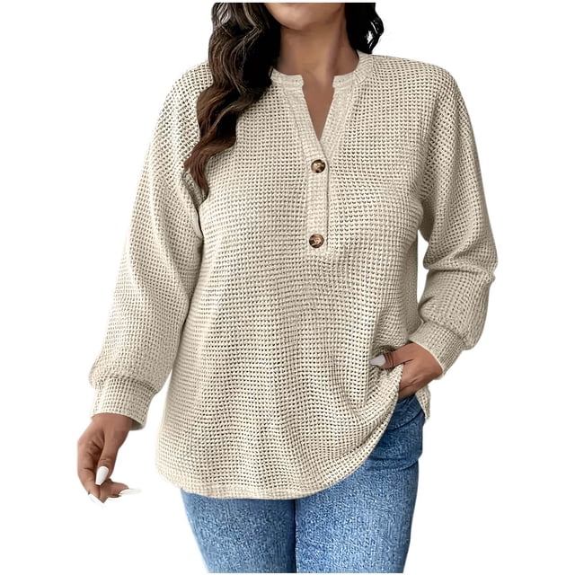 Mujeres Manga Larga Tops Casual Botón de Color Sólido Cuello en V Suéter Blusa de Moda para Primavera Verano