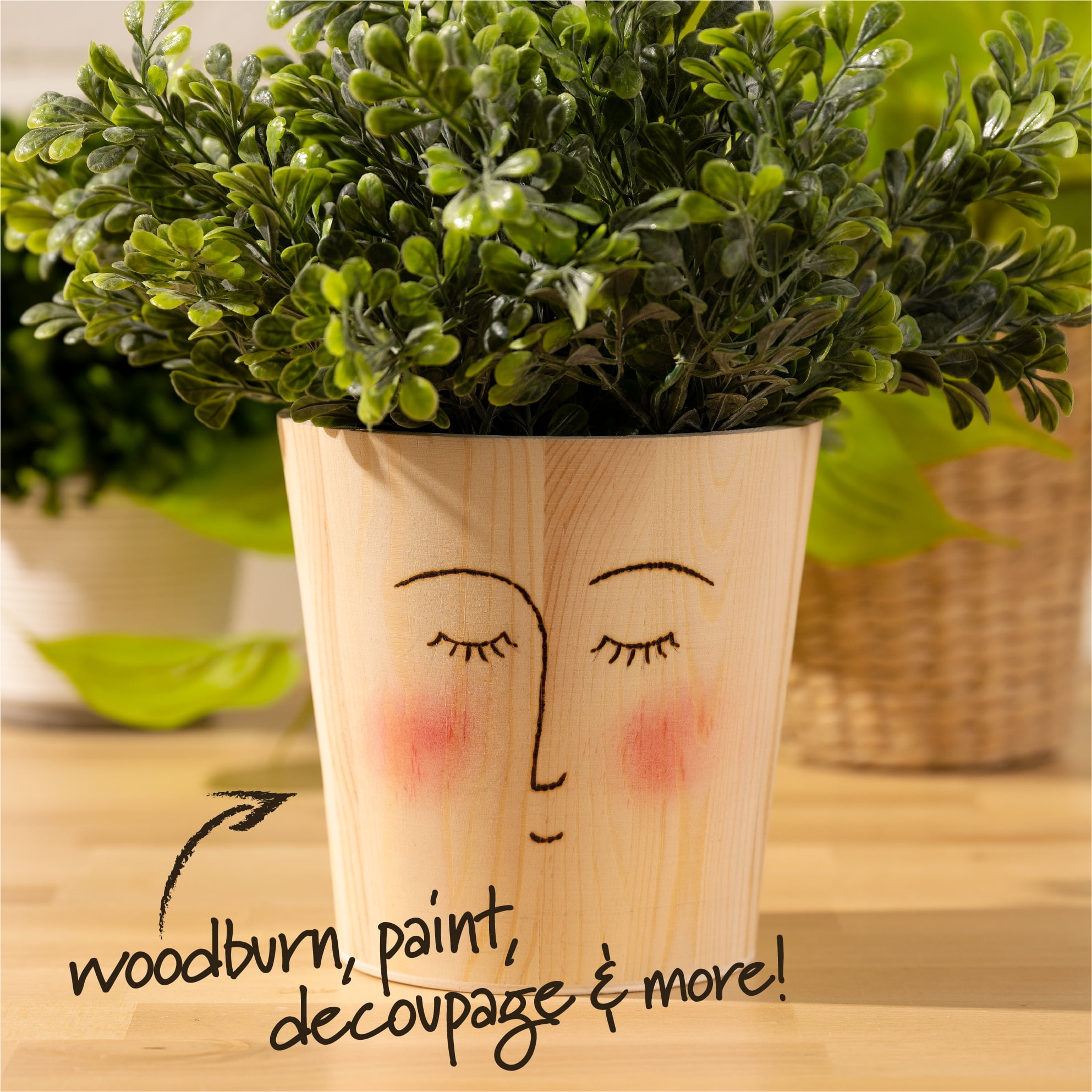 (2 pack) Plaid Unpainted Wood Round Planter, 5" x 5" x 5"
