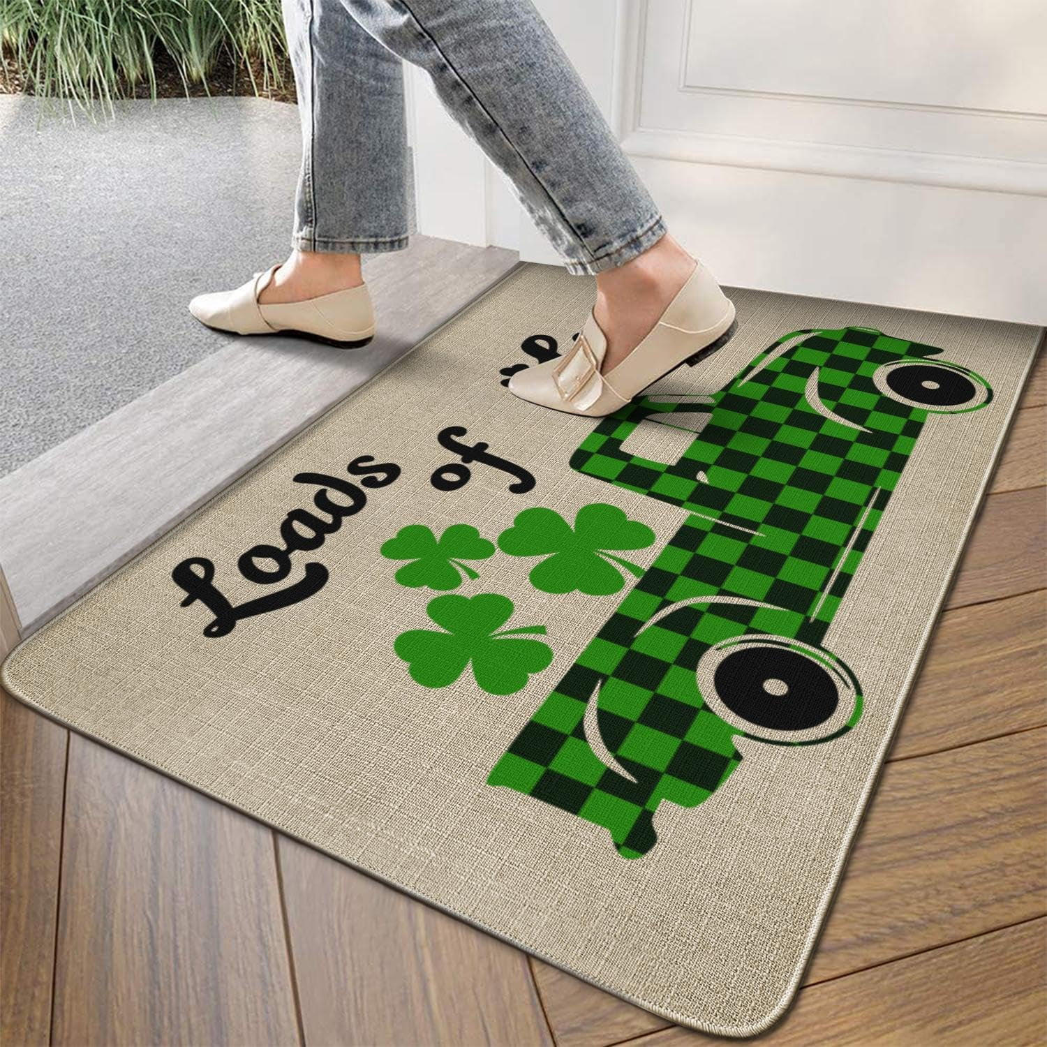 Linen Loads of Luck Door Mat St.Patrick''s Day Rug Indoor and Outdoor Front Entrance Doormat Home Decor Heavy Rubber Backing for Non Slip, 30" X 17"