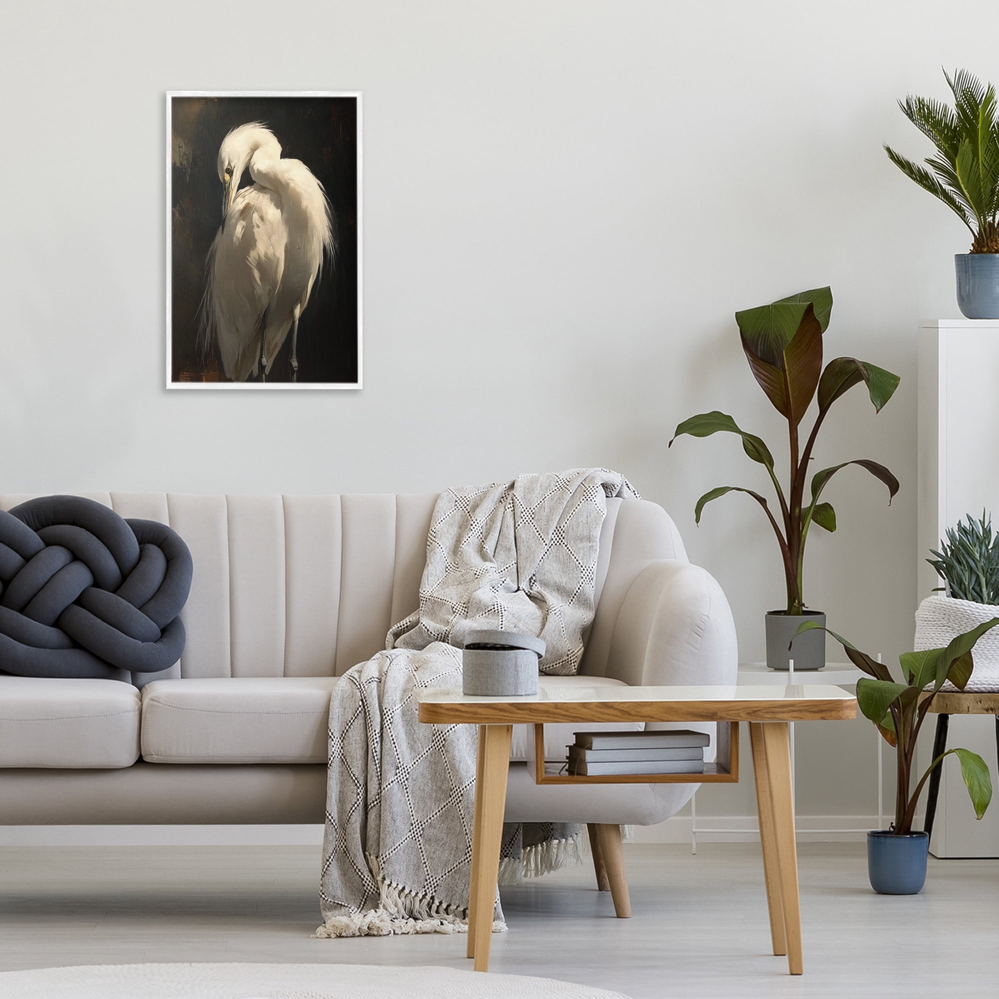 Stupell Industries Feathered Egret in Soft Light White Framed Giclee Art, design by Petal Prints Design