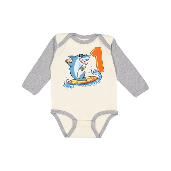 Inktastic First Birthday Surfing Shark with Hot Dog and Ice Cream Boys or Girls Long Sleeve Baby Bodysuit