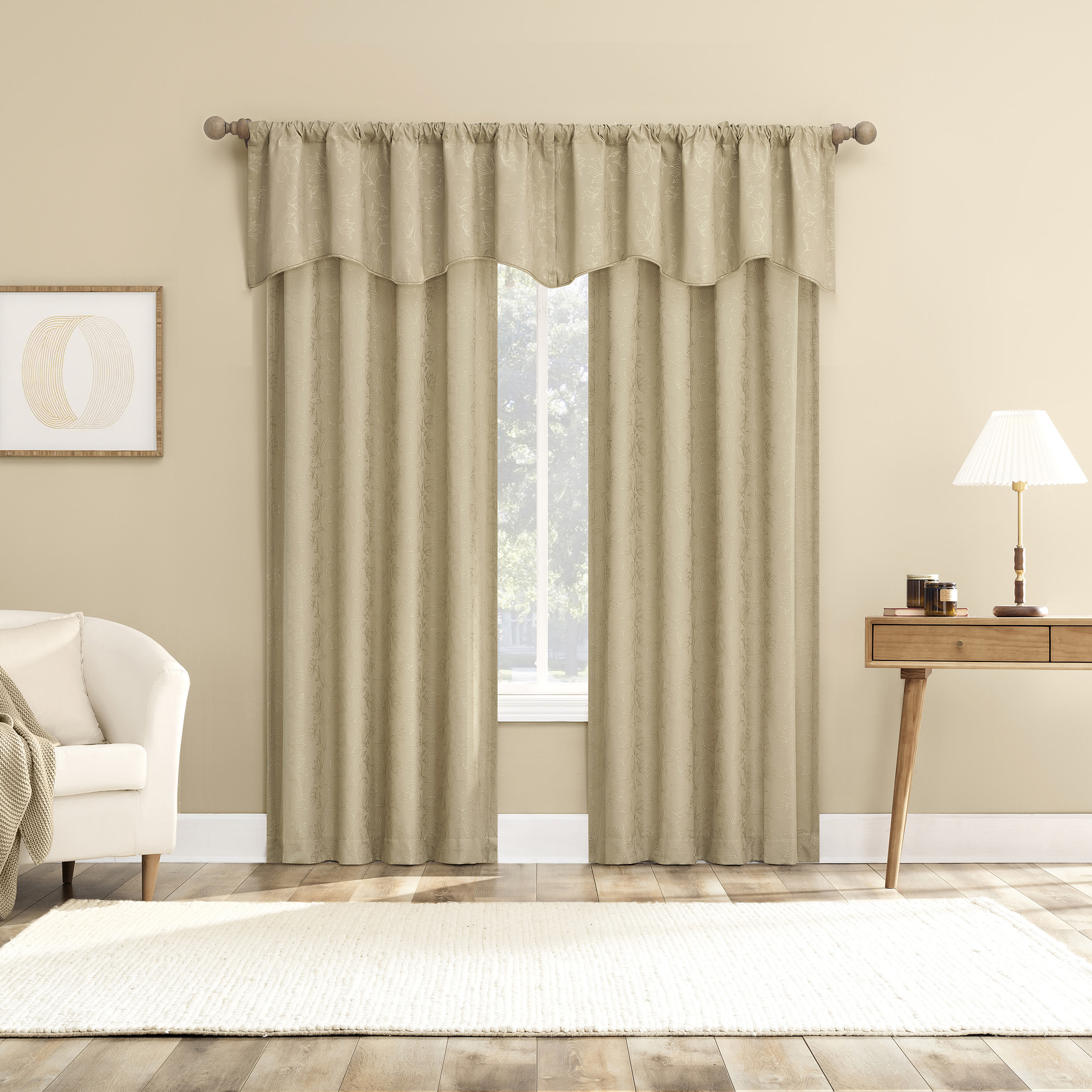 Sun Zero Bronte Floral Jacquard 100% Blackout Rod Pocket Curtain Panel, 50"W X 63"L, Taupe