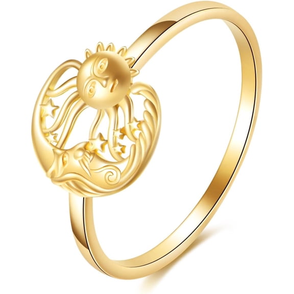 YAFEINI 14K Solid Gold Sun Moon Star Ring Real Yellow Gold Jewelry Anniversary Birthday Gifts for Women