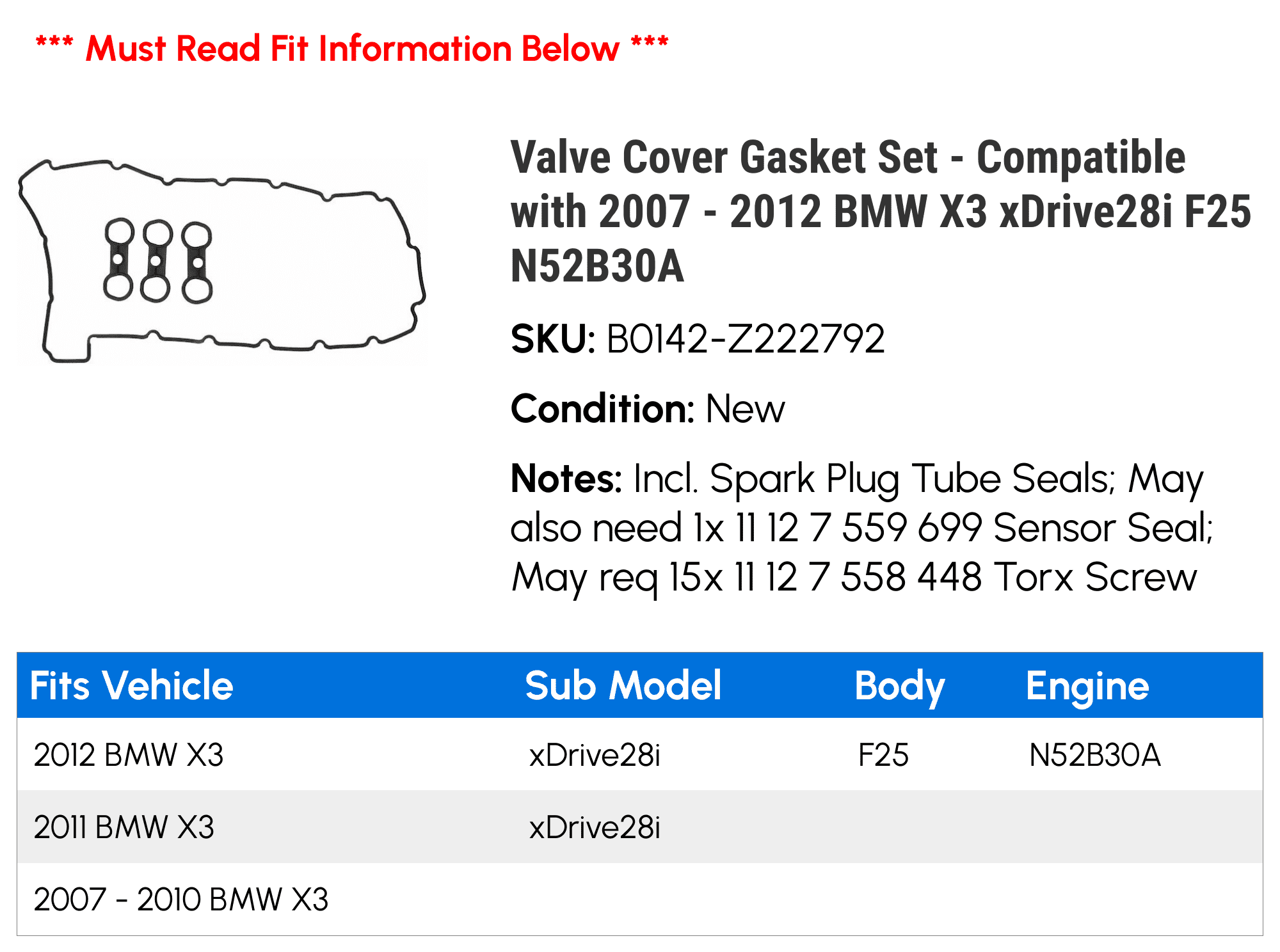 Valve Cover Gasket Set - Compatible with 2007 - 2012 BMW X3 xDrive28i F25 N52B30A 2008 2009 2010 2011