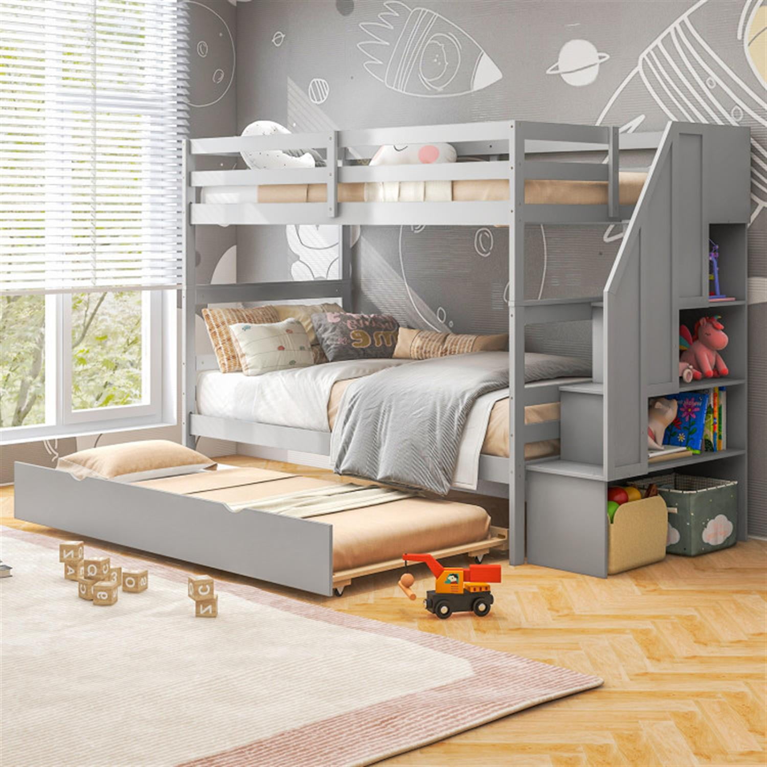 Demi Bonn Home Wood Bunk Bed with Guard Rail and 4-step Storage Stairs, Twin Bunk Beds, No Box Spring Needed, Gray