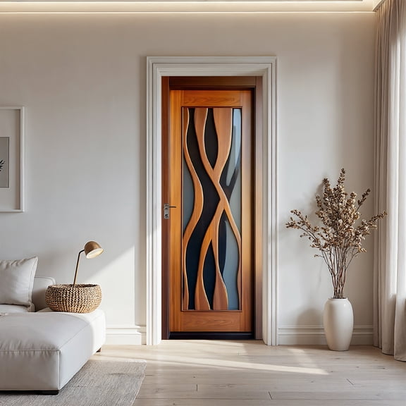 Modern Abstract Wave Wood Door Sticker, Contemporary 3D Patterned Door Mural Decal for Living Room