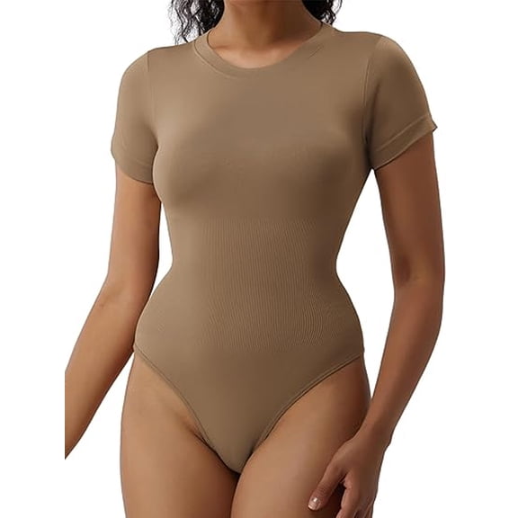 LELINTA Women's Short Sleeve Bodysuit Seamless Ribbed Triangle T-shirt Tops Basic Shapewear Jumpsuit Leotard