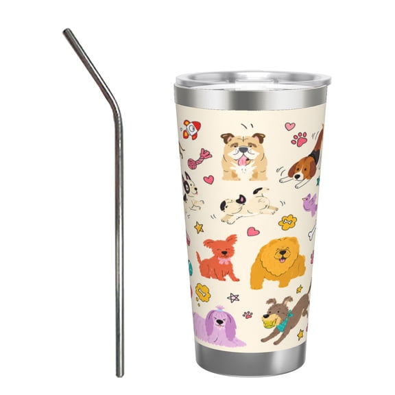 20oz Cute Dog Pattern Tumbler Insulated Car Cup Cartoon Puppy Travel Coffee Cup Pet Lover Gift with Stainless Steel Straw