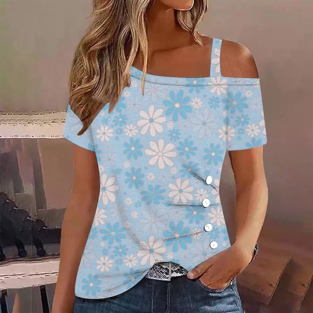 Fiudx Ofertas y Liquidaciones Blusa con Botones y Manga Corta con Hombros Descubiertos y Estampado para Mujer