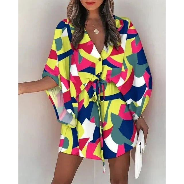 HKEDES Women's Abstract Geo Surplice Loose Leg Romper, Mini Short Flying sleeve, Jumpsu