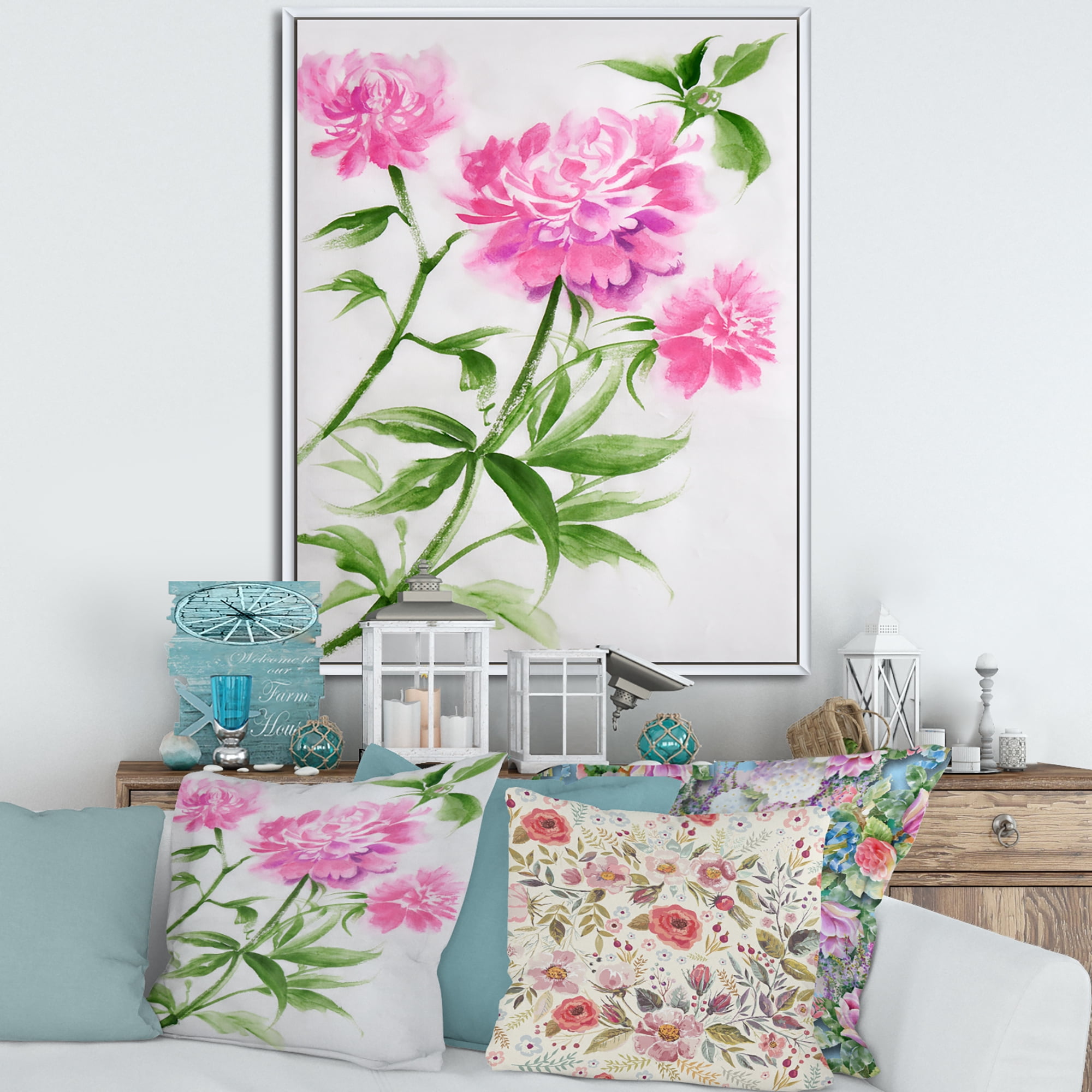 Designart 'Purple Peonies With Green Bush II' Traditional Framed Canvas Wall Art Print