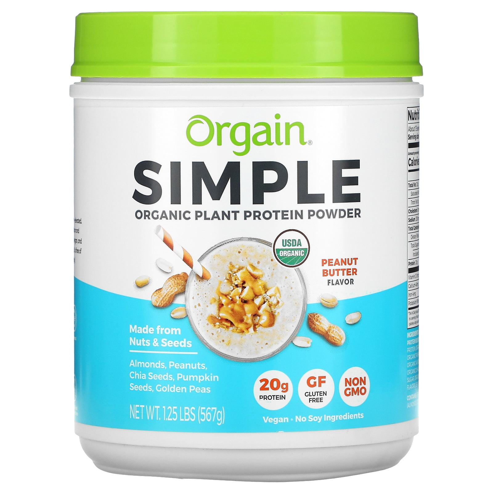 Orgain, Simple, Organic Plant Protein Powder, Peanut Butter, 1.25 lb