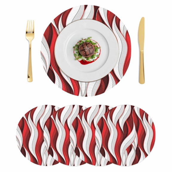 Red White Moire Round 13 Inch Placemats Set of 4, Modern Abstract Art HeatResistant Non Slip Place Mats for Dining Table, Wipeable Braided Kitchen Table Mats for Housewarming