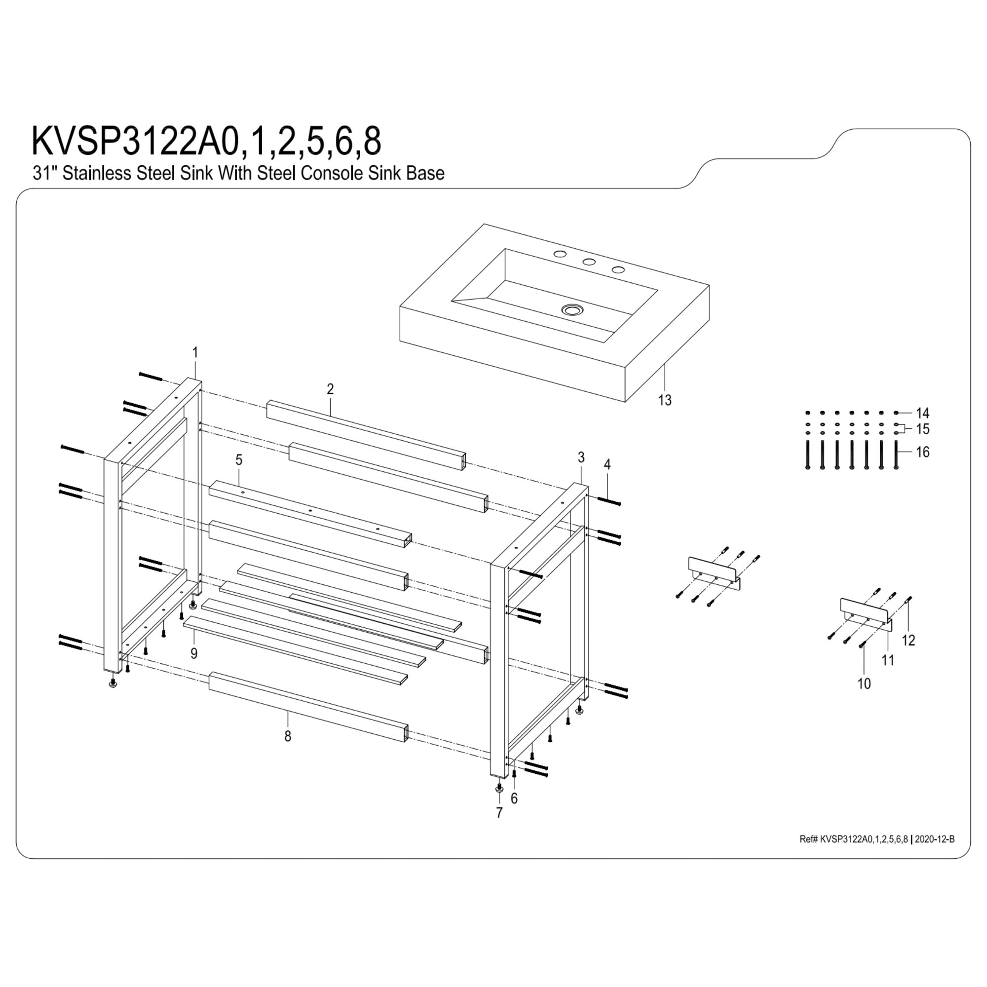 Kingston Brass KVSP3122A6 Kingston Commercial 31" Stainless Steel Console Sink with Steel Base (8-Inch, 3-Hole), Brushed/Polished Nickel
