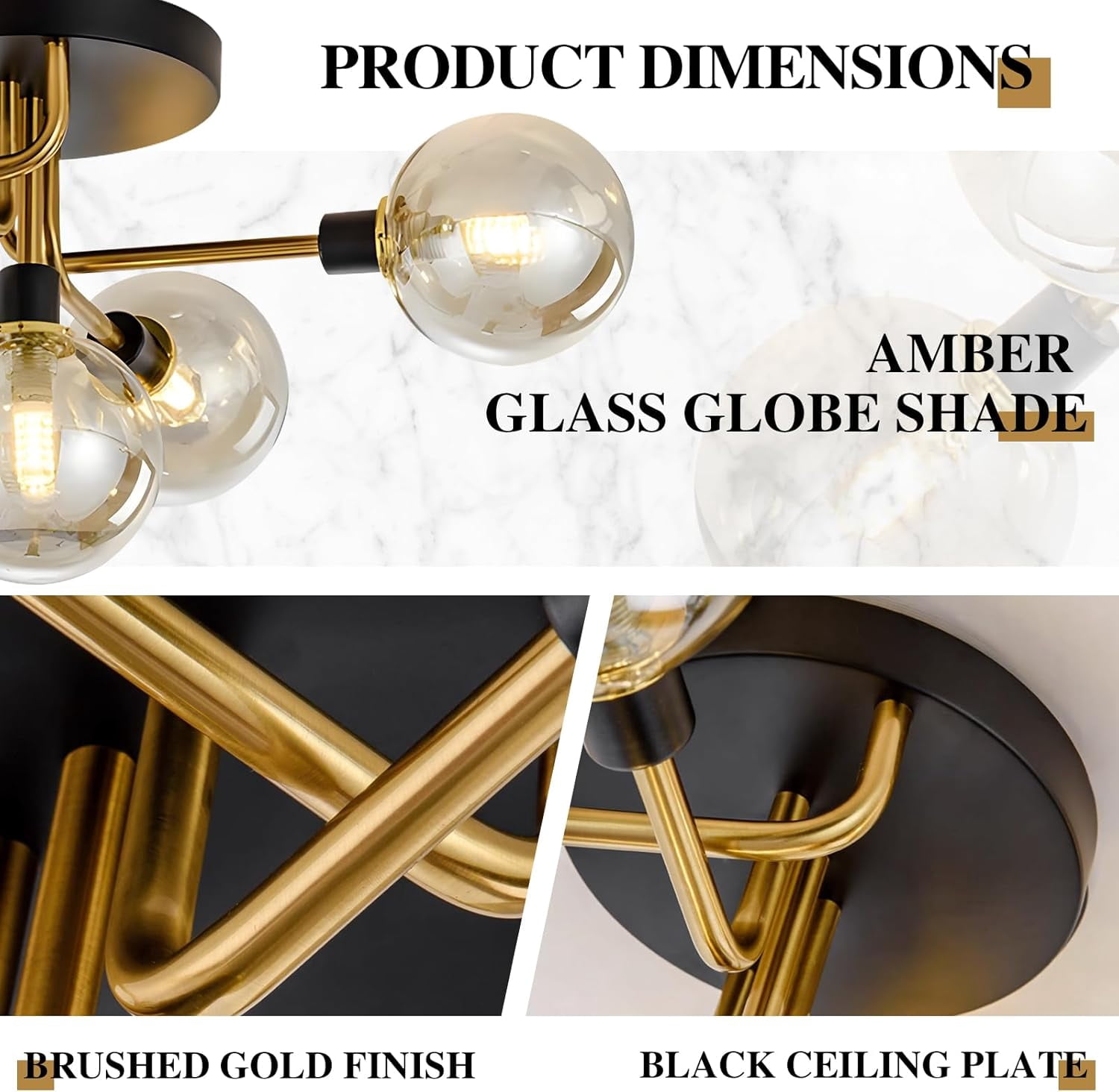 KCO Lighting 5-Light Mid-Century Modern Glass Globe Semi Flush Mount Ceiling Light, Black and Gold Ceiling Lamp