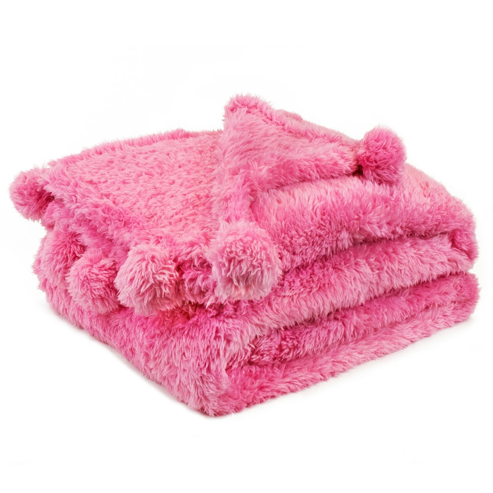 PAVILIA Hot Pink Sherpa Throw Blanket for Couch, Pom Pom | Fluffy Plush