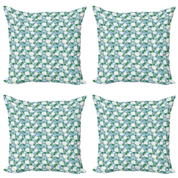 Floral Throw Pillow Cushion Case Pack of 4, Refreshing Spring Flower Theme and Tiny Blue Sparrows Perching on the Flower Leaves, Modern Accent Double-Sided Print, 4 Sizes, Multicolor, by Ambesonne