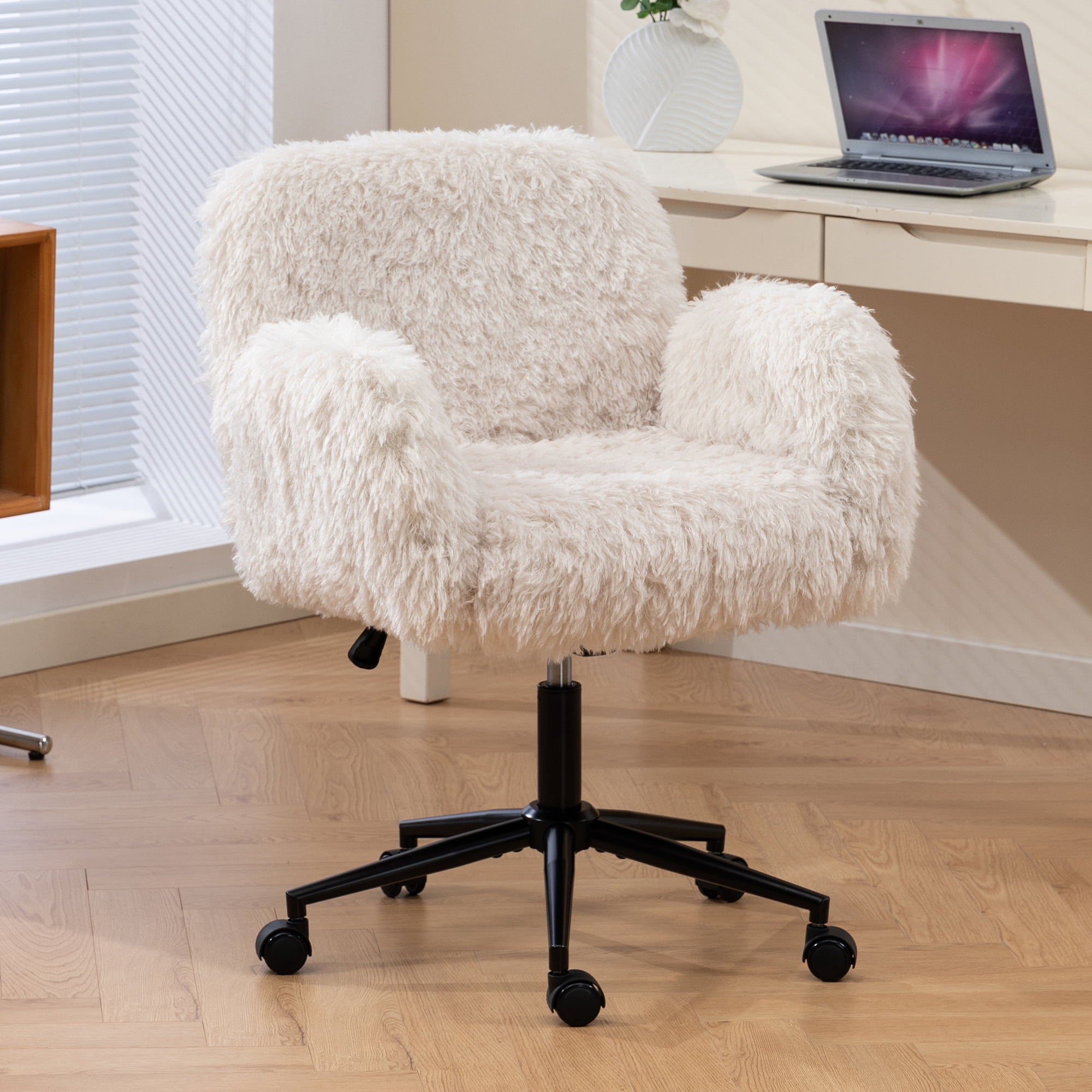 Jopath Criss Cross Chair with 5-Gear Adjustable Armrests and Wheels, Ergonomic Thickened Backrest Swivel Desk Chair for Home Office Vanity Bedroom and Living Room Beige Lamb Wool