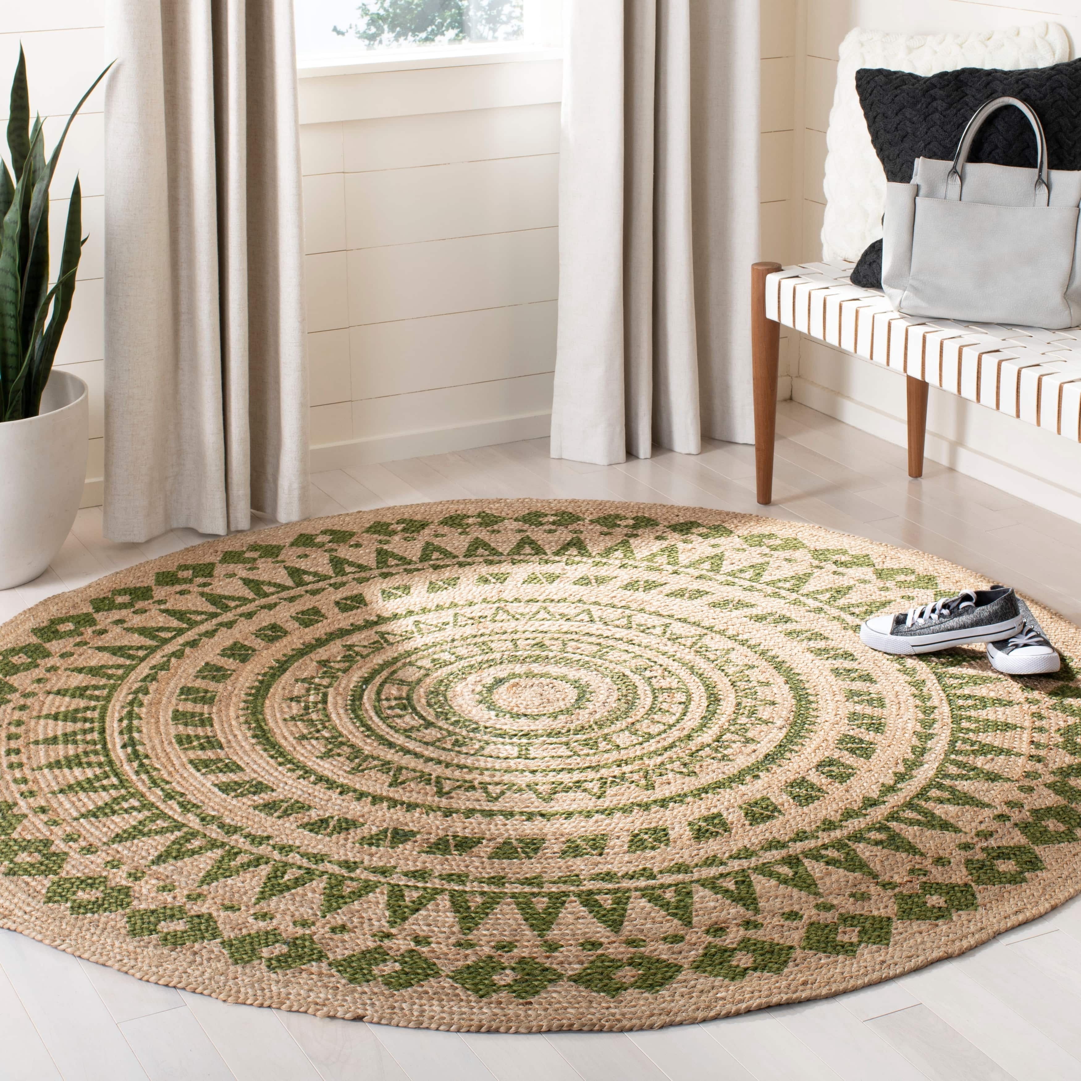 SAFAVIEH Natural Fiber Zoolander Geometric Jute Area Rug, Orange/Natural, 8' x 8' Round