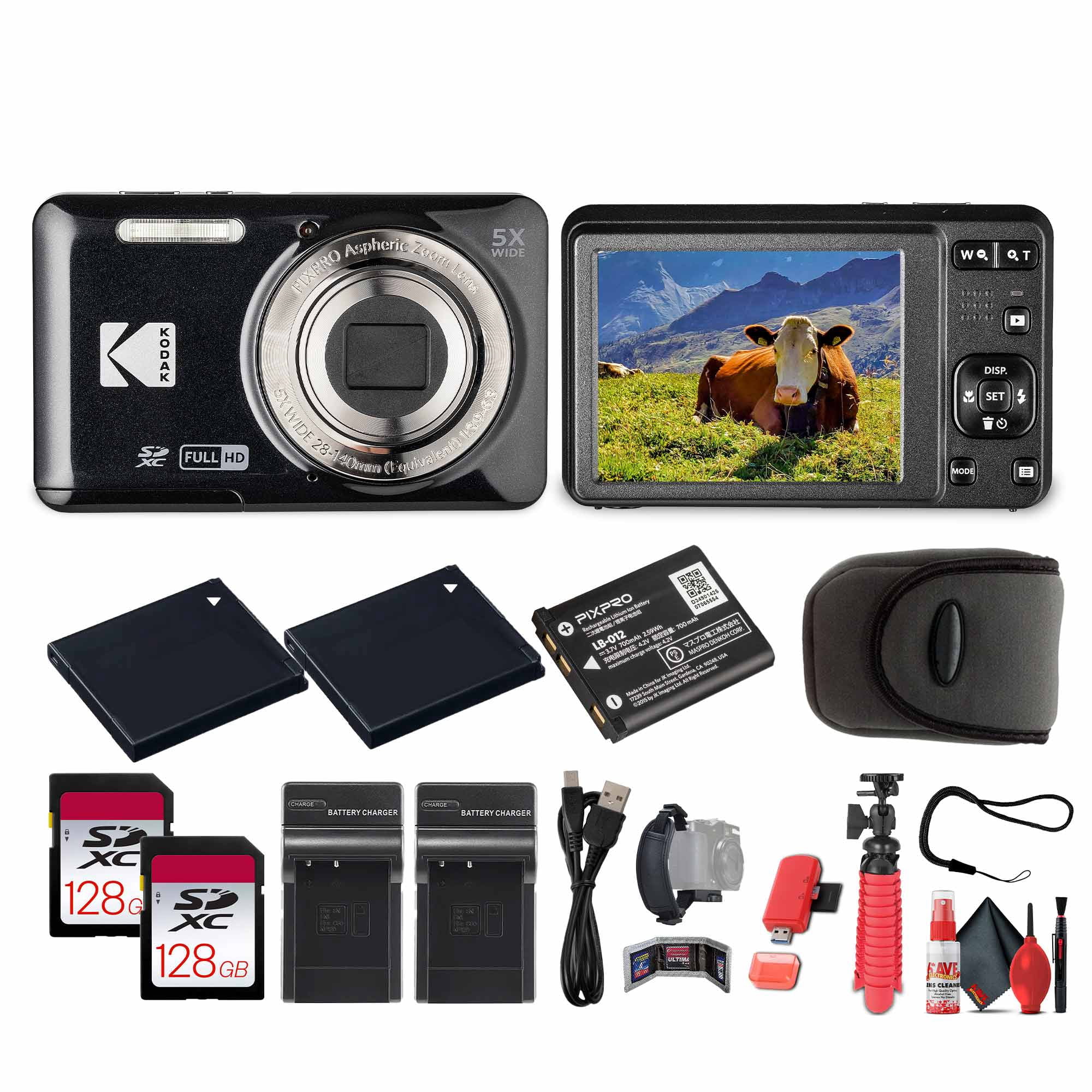 Kodak Pixpro FZ55 Digital Camera (Black) Bundle Including: 128 GB