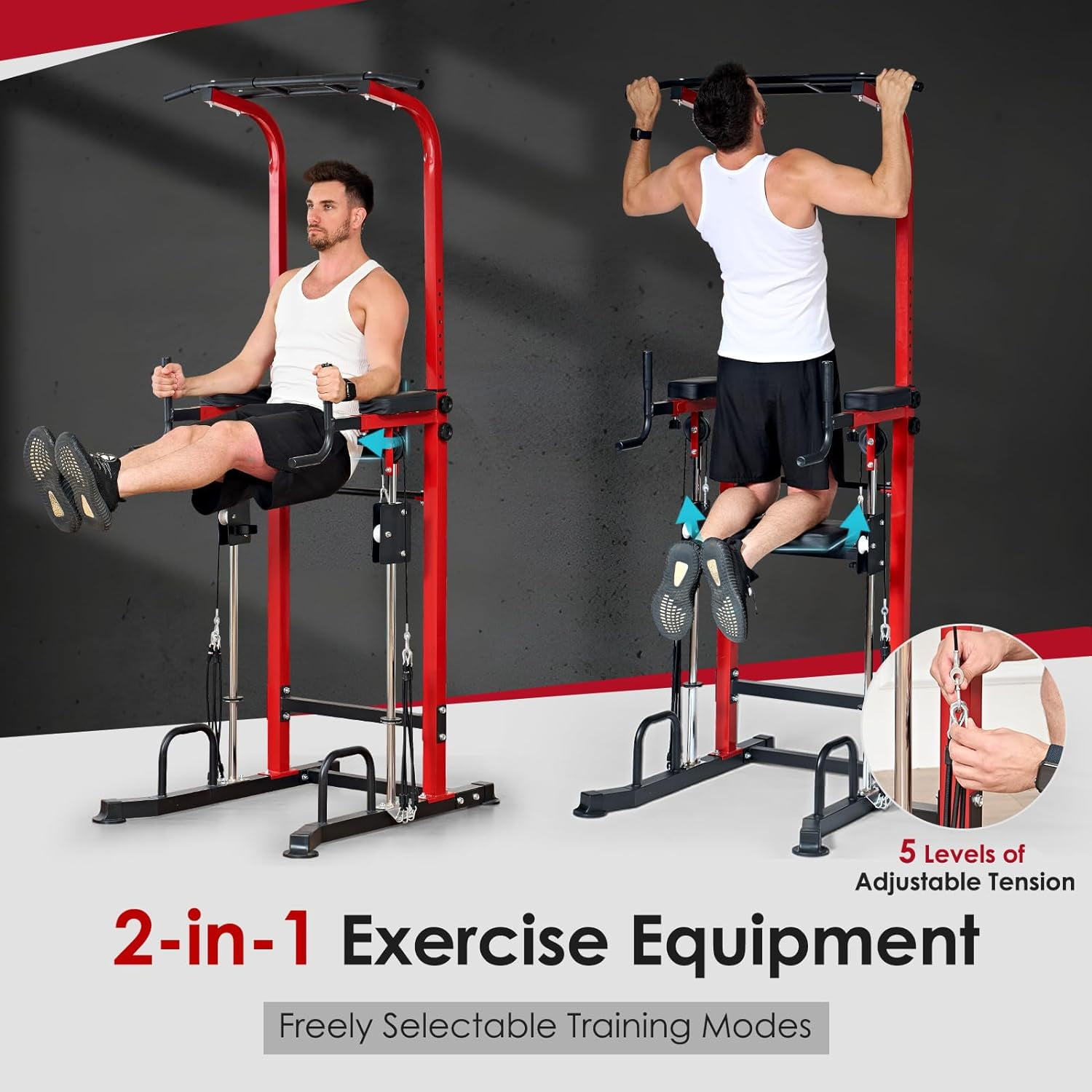 Soges Pull Up Bar 10 Adjustable Height Power Tower Dip Station for Enhanced Fitness, Multi-Functional Power Rack Workout Machine for Home Gym Strength Training Fitness Exercise Equipment,Red