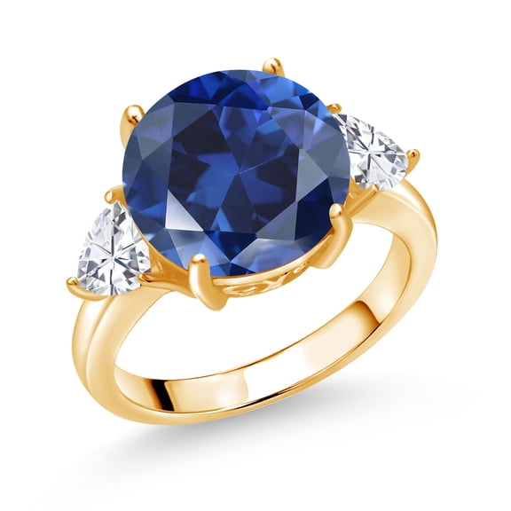 Gem Stone King 18K Yellow Gold Plated Silver Blue Simulated Sapphire and White Moissanite 3-Stone Ring for Women (6.94 Cttw, Round 12MM, Trillion 5MM, Size 7)