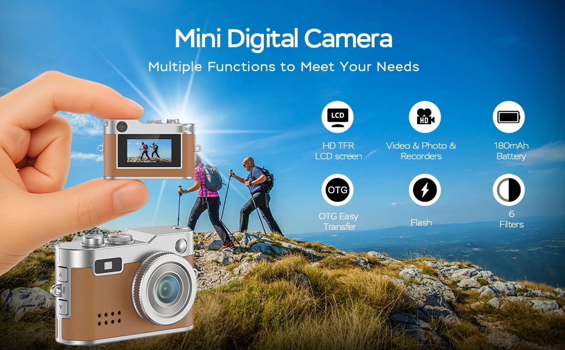 Mini Digital Camera,0.96" Small Keychain Camera,1080P Tiny Camera with 32GB Card, Fill-in light,Landyard,USB Cable for Travel, Concert, Study Recording, Gift for Kids Brown