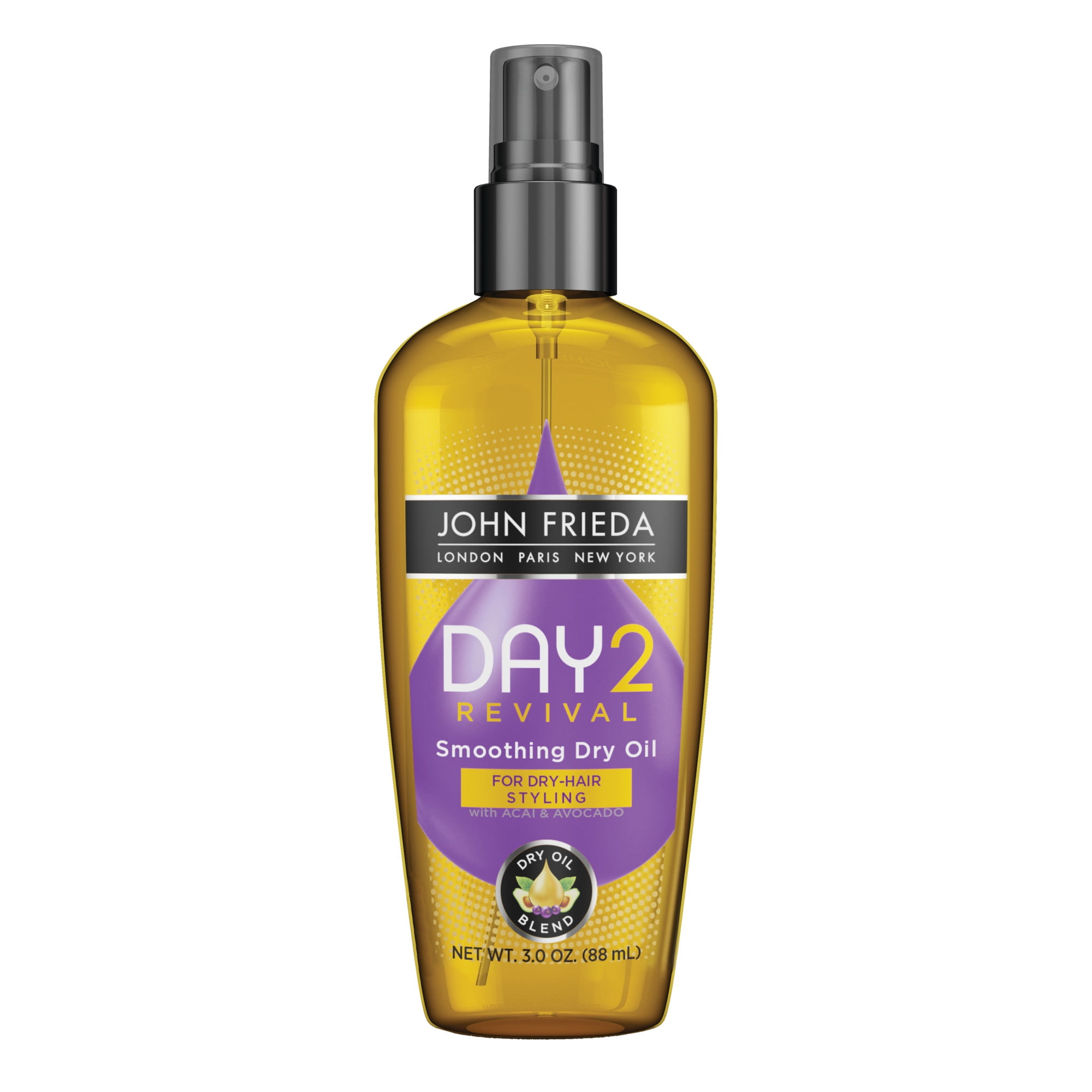 John Frieda Day 2 Revival Smoothing Dry Hair Styling Oil, w/ Acai & Avocado, Dry Oil, 3 fl oz