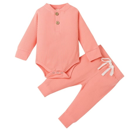 

kamemir Baby Boy Girl Clothes Ribbed Knitted Cotton Long Sleeve Romper Long Pants Solid Color Fall Winter Outfits(Pink 6-12 Months)