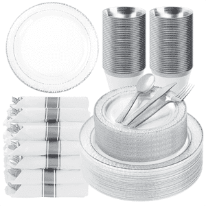 Goodluck Clear Disposable Dinnerware Set, Silver Trim, 350-Piece