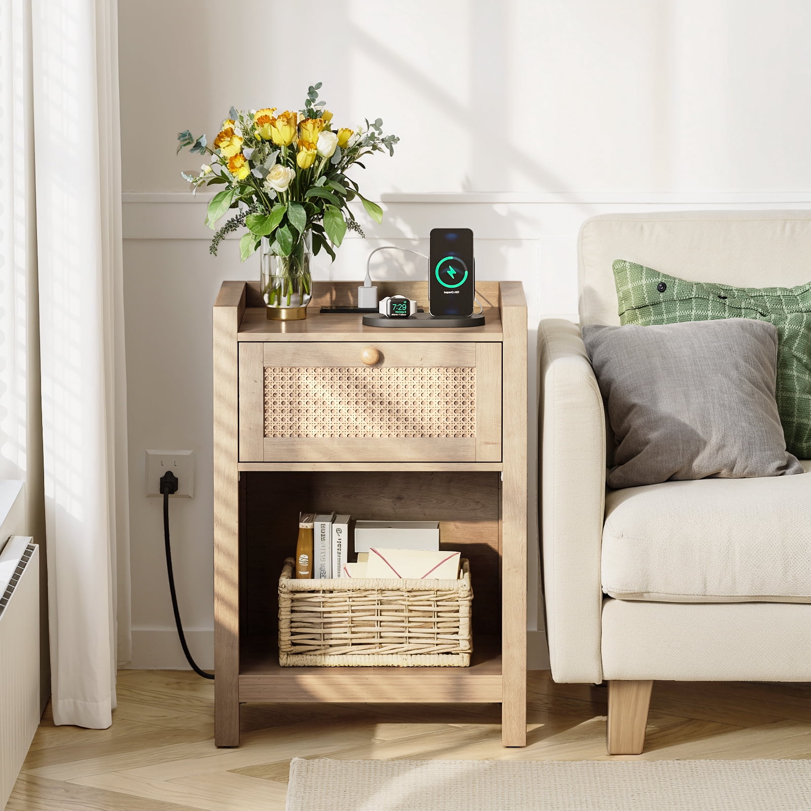 LGHM Nightstand Set of 2 with Charging Station, Farmhouse Bedside Tables Night Stands with Drawer, Boho Side Tables for Bedroom, Living Room, Oak