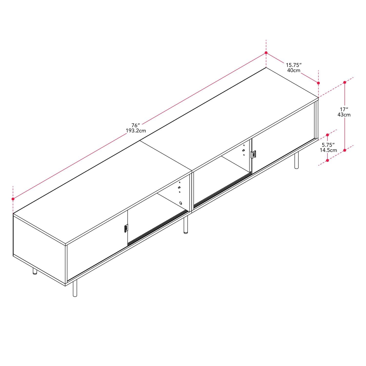 Meuble TV modulaire extra-long CorLiving Fresco en bois d'ingénierie noir avec portes vitrées pour téléviseurs jusqu'à 110p