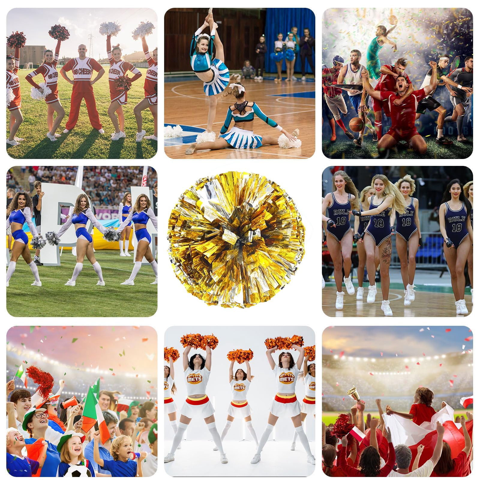 Cheerleading Pom Poms 22 Pcs with Straight Handle, Handheld Squad Pompoms for Sports Team Cheer Spirit Games, Dance Party Adults