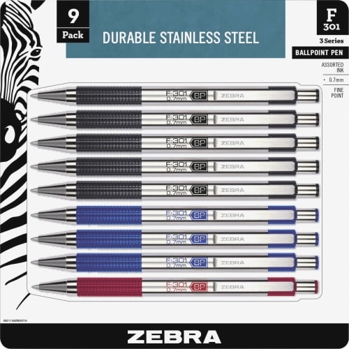 Zebra Pen F-301 ballpoint stainless steel retractable pen, 0.7mm, Assorted Ink, 9-Pack