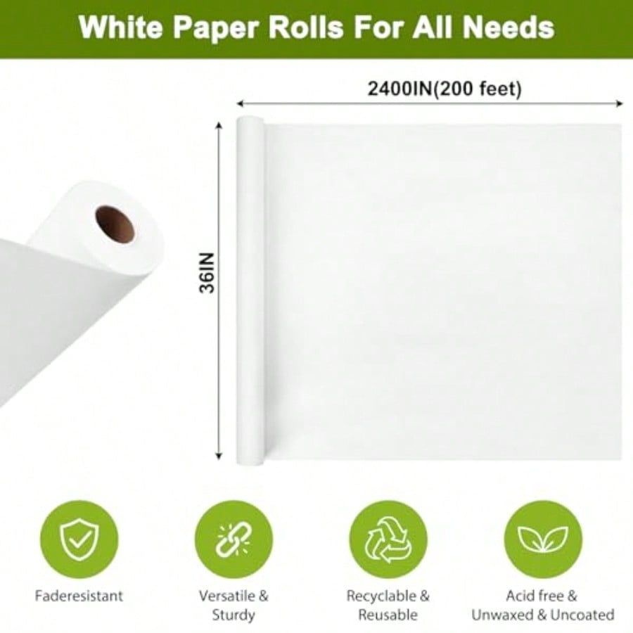 36 x 2400 200' White Wrapping Paper Roll Kraft Packing Paper Roll for Gift Wrapping Craft Bulletin Board Banner Art Bouquet Flower Packing Moving Shipping 75GSM