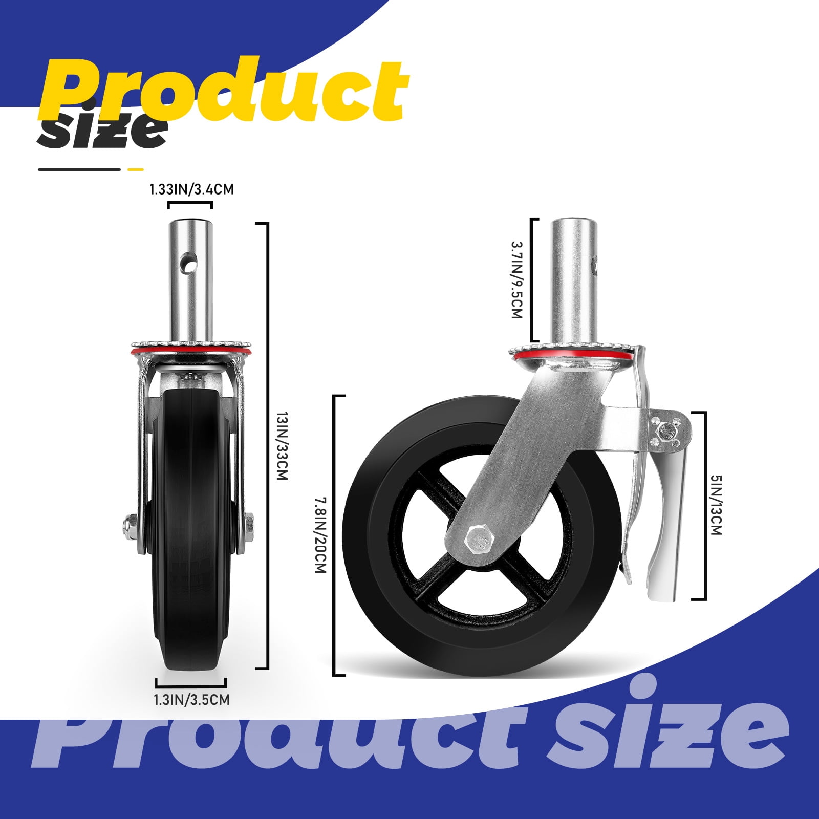Scaffolding Wheels, Scaffold Wheels, Scaffold Caster, 8 Inch, Set of 4, Scaffolding Parts, Double Locking Brakes, Grease Fittings, Stem, Swivel, Heavy Duty, Rubber, Black, 6400LB Capacity