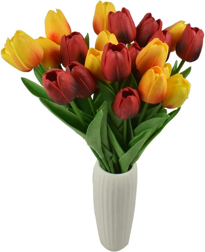 Morttic 24pcs Artificial Tulips Flowers Fake Faux PU Tulip Bouquet Real Touch Flowers Table Arrangement for Home Room Office Party Wedding Decoration (Red and Orange)