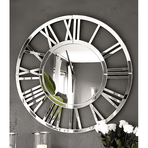 Round Mirror Wall Clock - 24" Modern Clocks Mirrored Wall Decor for Living Room Office Bedroom Fireplace Decor
