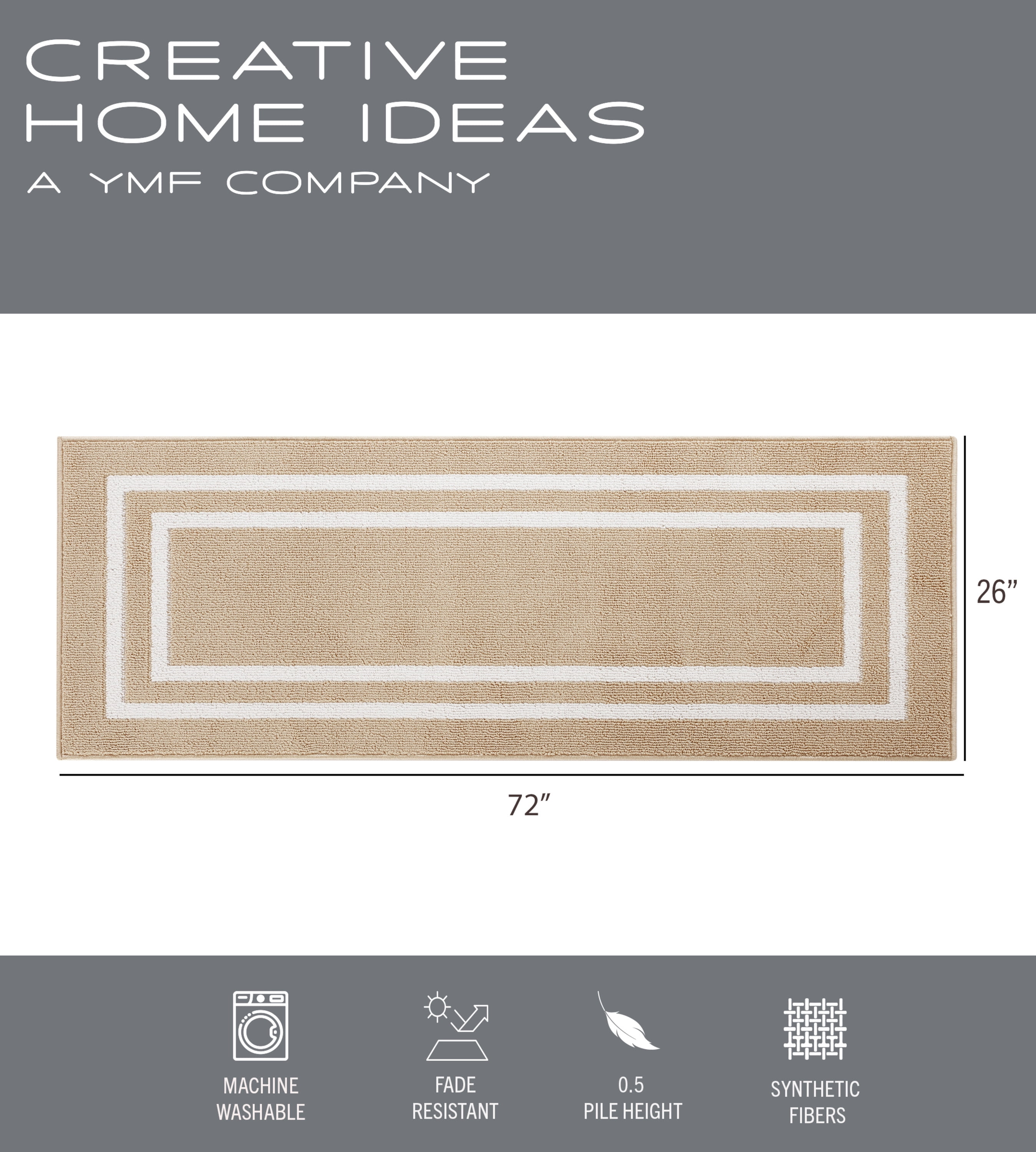 Washable Skid-Resistant Runner Rug, Border, Beige and White, 26" x 72"