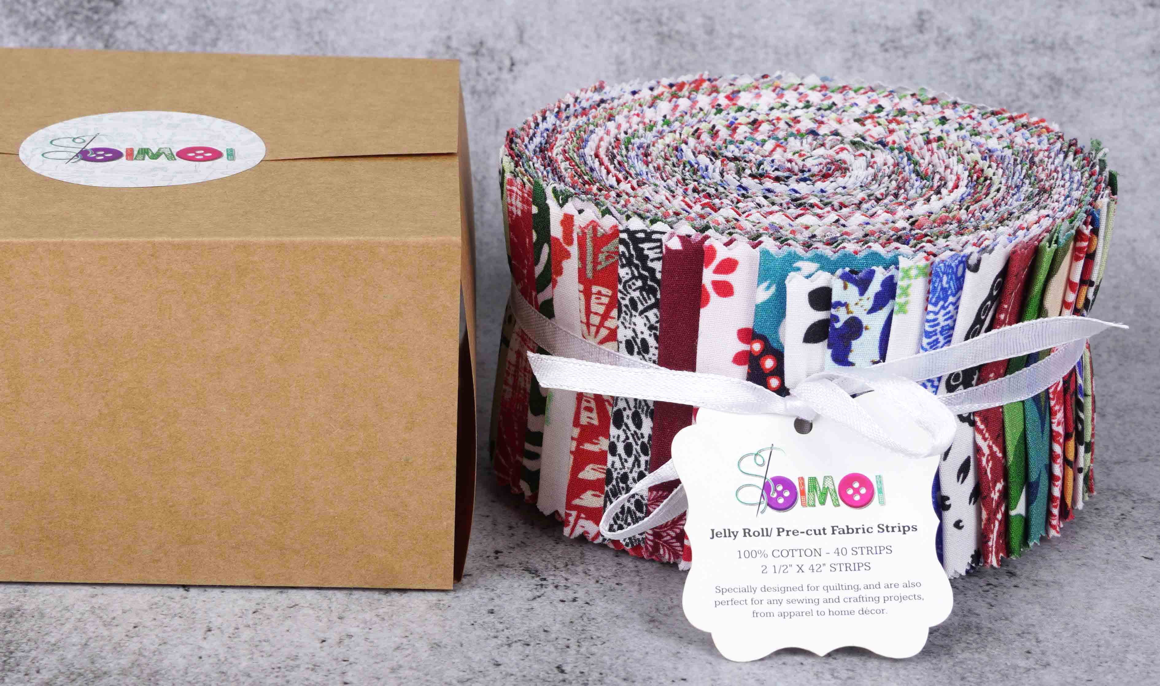 Soimoi 40Pcs Block Print Cotton Precut Fabrics For Quilting Craft Strips 2.5x42inches Jelly Roll - Multicolor