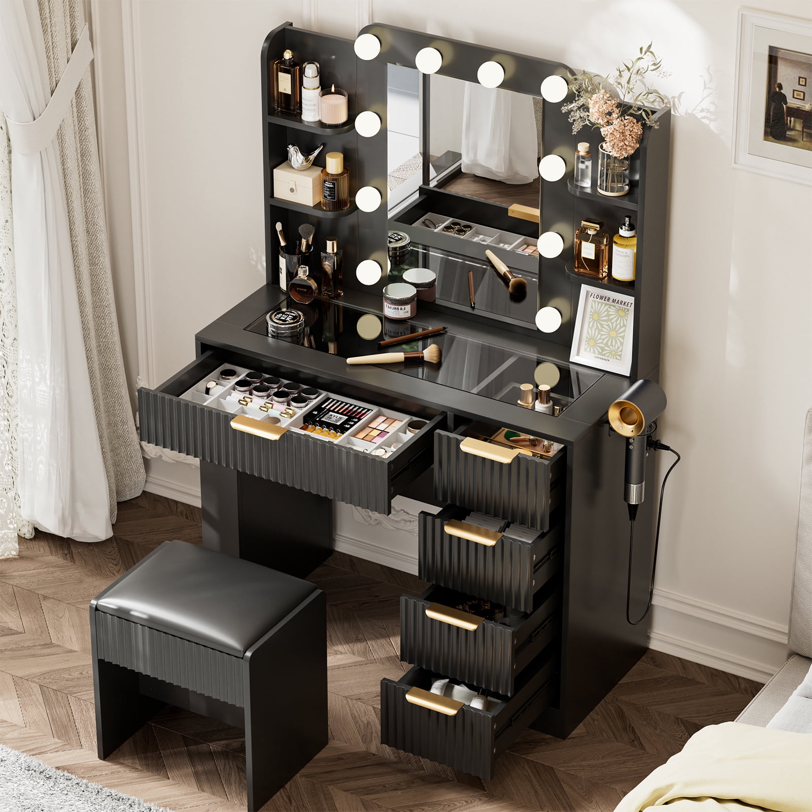 Hommoo Vanity Desk with Mirror and 3 Colors Lights, Makeup Vanity Set Dressing Table with Charging Station, Transparent Tabletop, 5 Drawers & Open Storage for Bedroom, Black