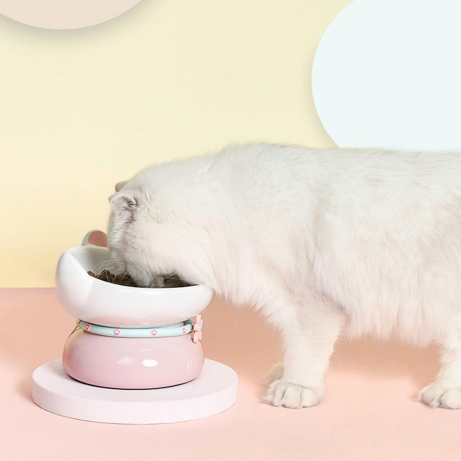 Fairela Elevated Ceramic Food and Water Bowl for Cats, Pink Cute Ear Design