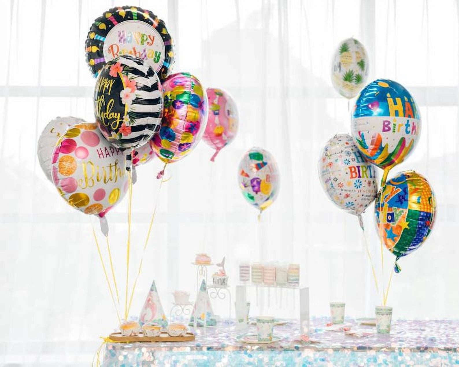 Happy Birthday Balloons (50-Pieces) with 100 Meter Ribbons - Helium Floating Mylar Balloon- 18 Inches Round Inflatable Balloon