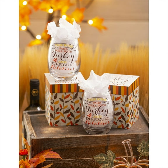 Evergreen Stemless Wine Glass w/box, 17 oz., This Wine Pairs Well with Turkey and Difficult Relatives