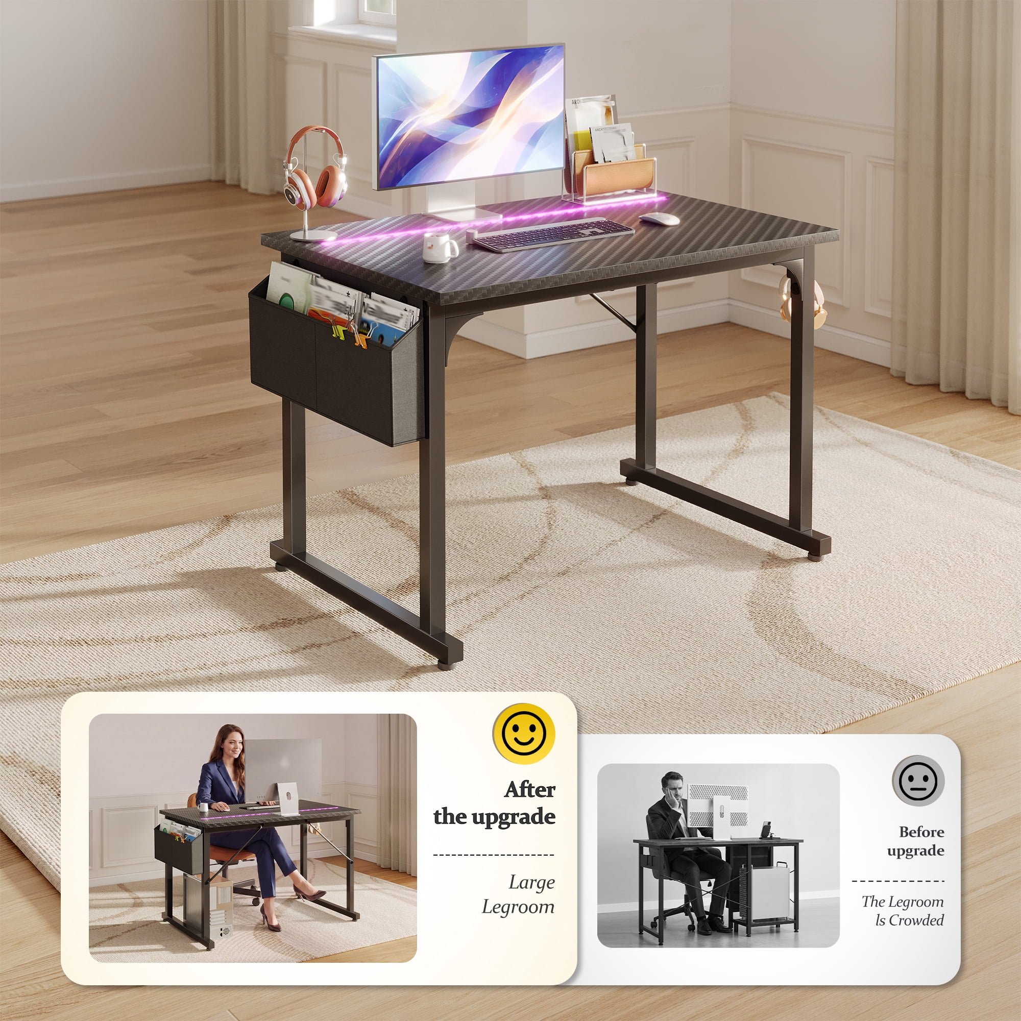 Romorgniz 32 Inch Computer Desk with LED Lights for Small Spaces, Home Office Desk with Storage Bag, Headphone Hook, Black