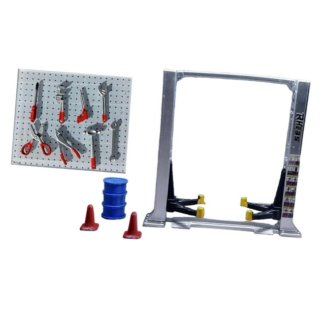HILABEE 1/64 Diorama Car Garage Car Lift Scene Model Repair Frame Oil Drum Auto Shop Silver Car Lift
